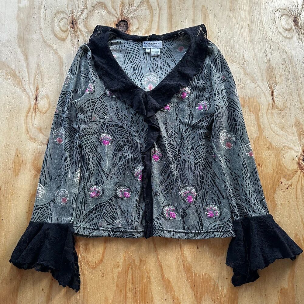 Haven Bleu Vintage Y2K Sequin Lace Trim Bell Sleeve Top - Size XL